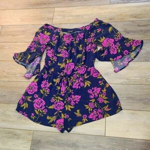 Express blue and pink floral ruffle sleeve off the shoulder Romper shorts Medium